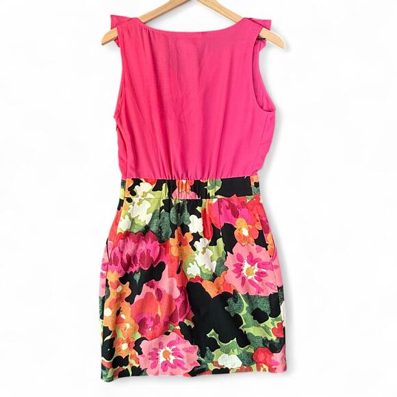 Anthropologie Tabitha Great Escape Sheath Dress Pink Black Zip‎ Ruffle Floral 6 - Picture 6 of 6